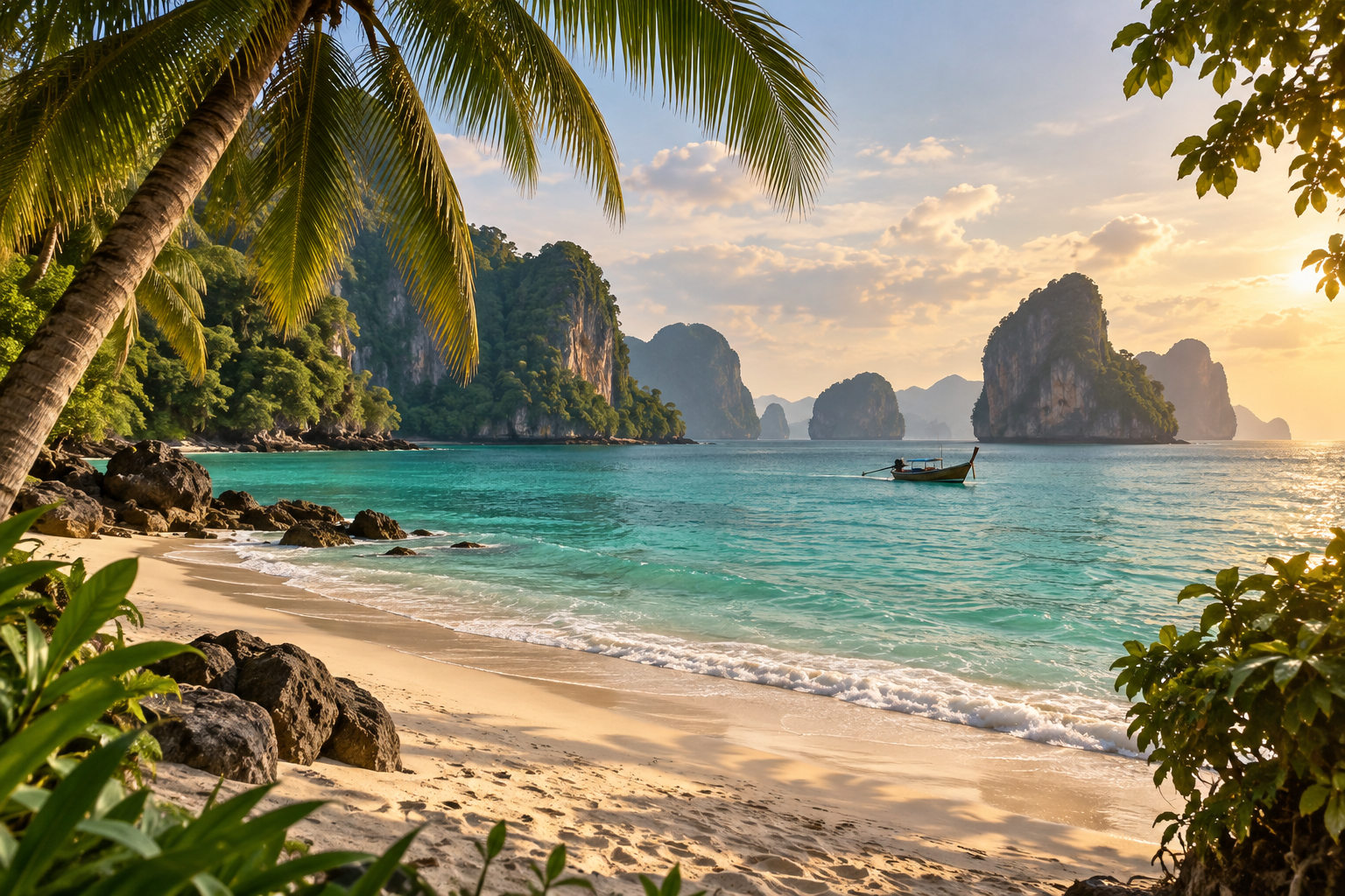 Fotorealistisch sfeerbeeld van een tropische Thaise baai met palmen, turquoise water en een longtailboot; gemaakt met AI